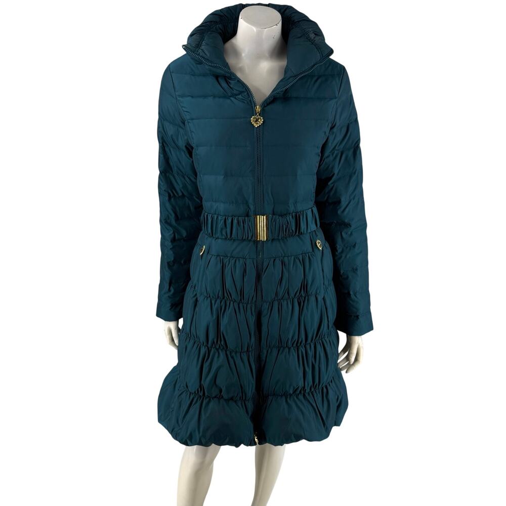 Betsey Johnson Womens Puffer Trench Coat Size Medium Teal Blue Flared Hem Belted